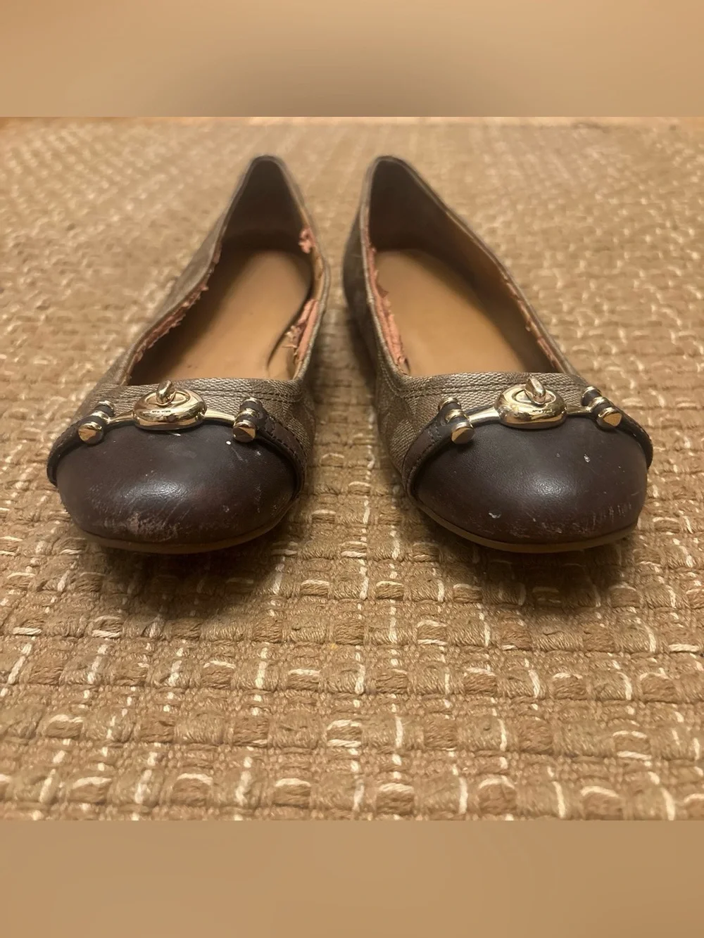 Coach Brown Logo Ballet Flats with Black Cap Toe and Gold Accent